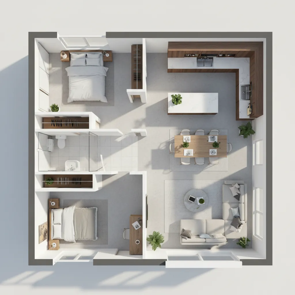 Diseño de una casa con dos cuartos y un baño