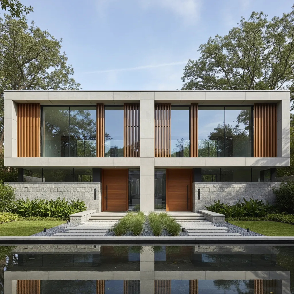 Symmetrical modern two floor house with two wooden doors stone walls front pool and trees