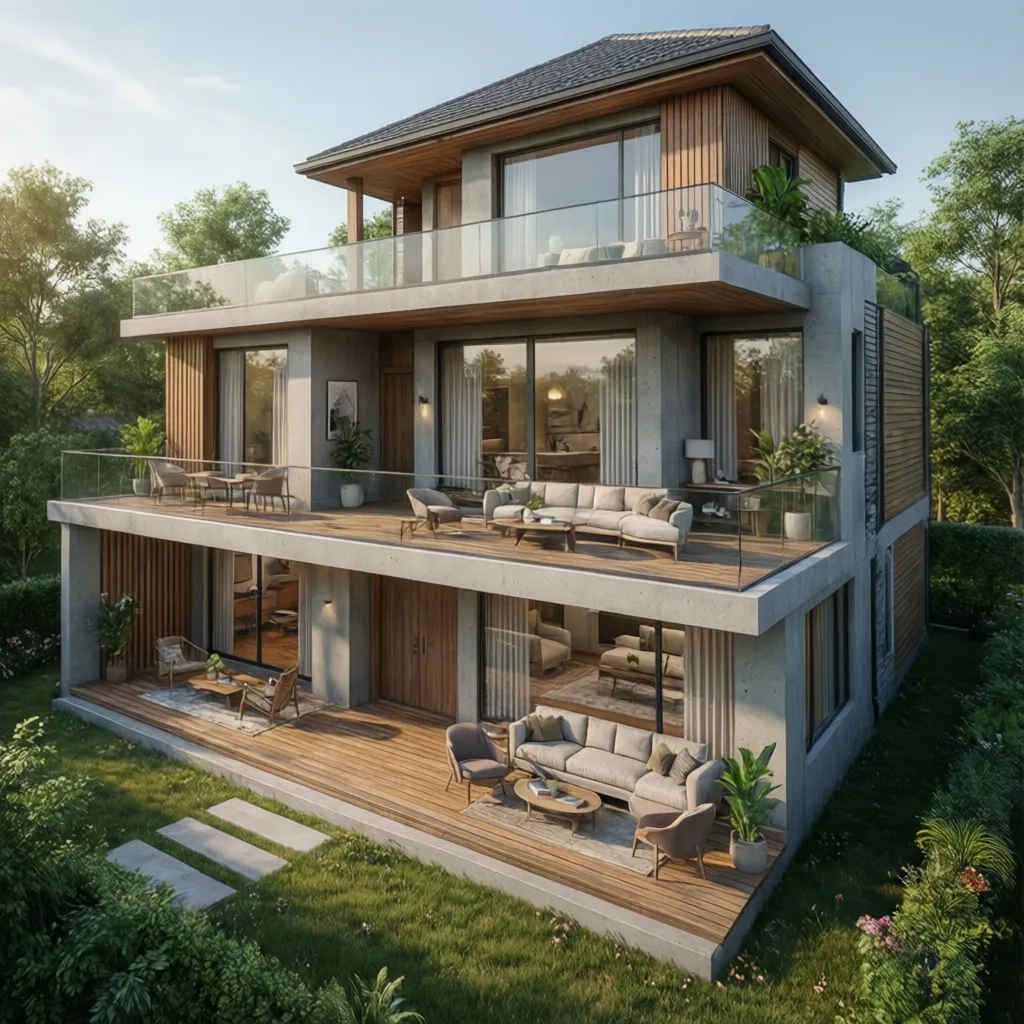 Visualización 3D de diseño de casa de dos niveles con terraza