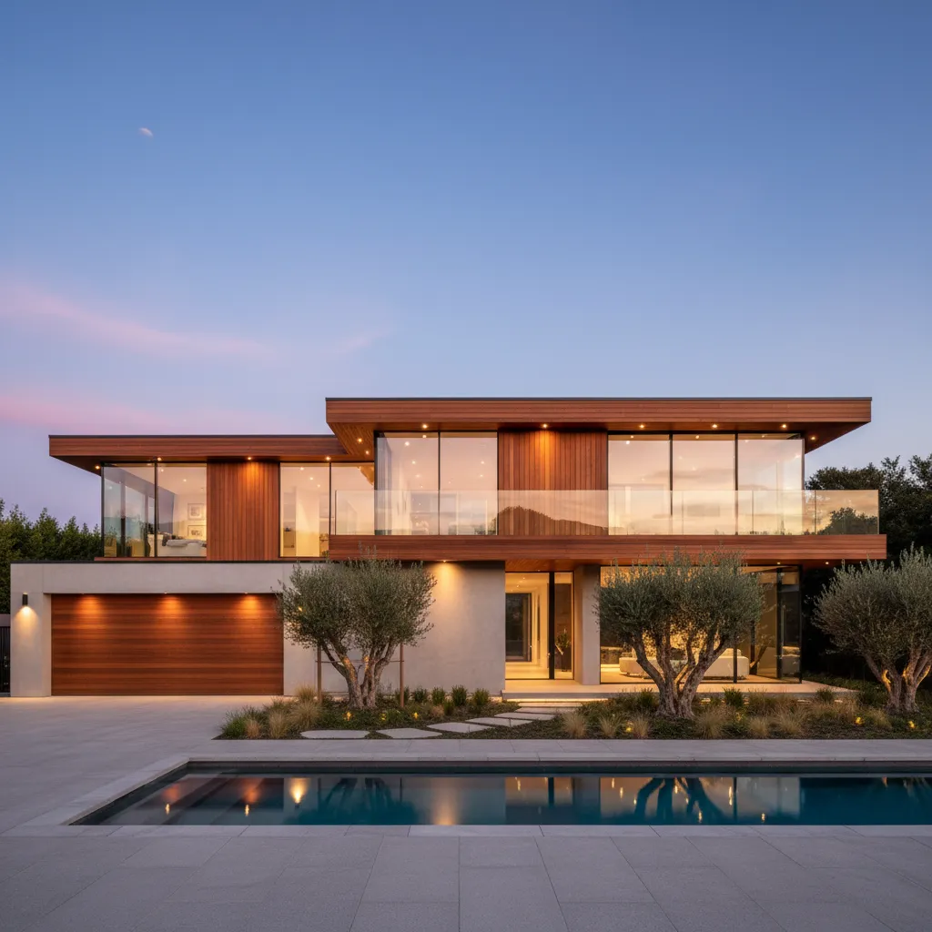 Modern two story house with wood panels large windows swimming pool and outdoor lights at sunset