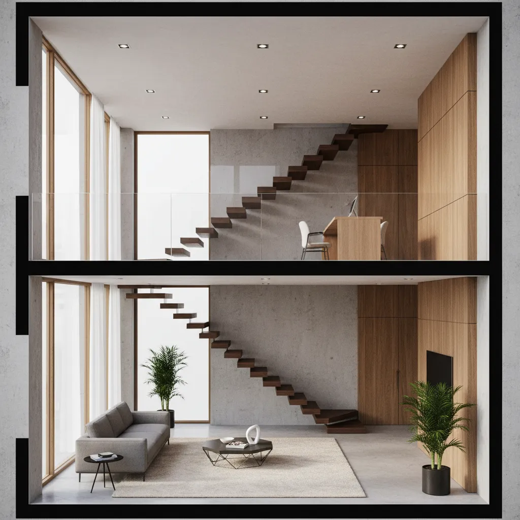 Modern interior design drawing with two levels wooden stairs grey sofa desk and wood walls