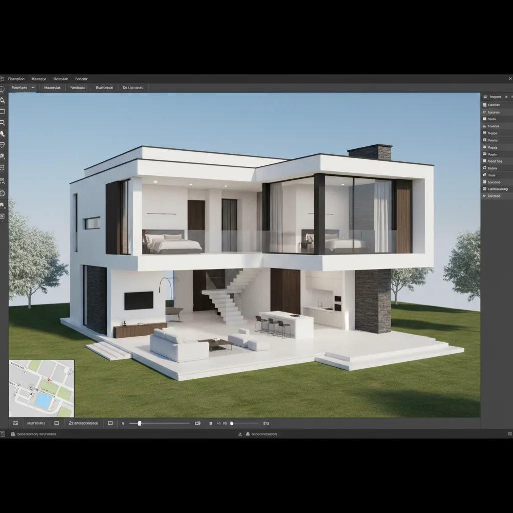 Coohom interior design drawing showing a modern two-story house with open living room and bedrooms