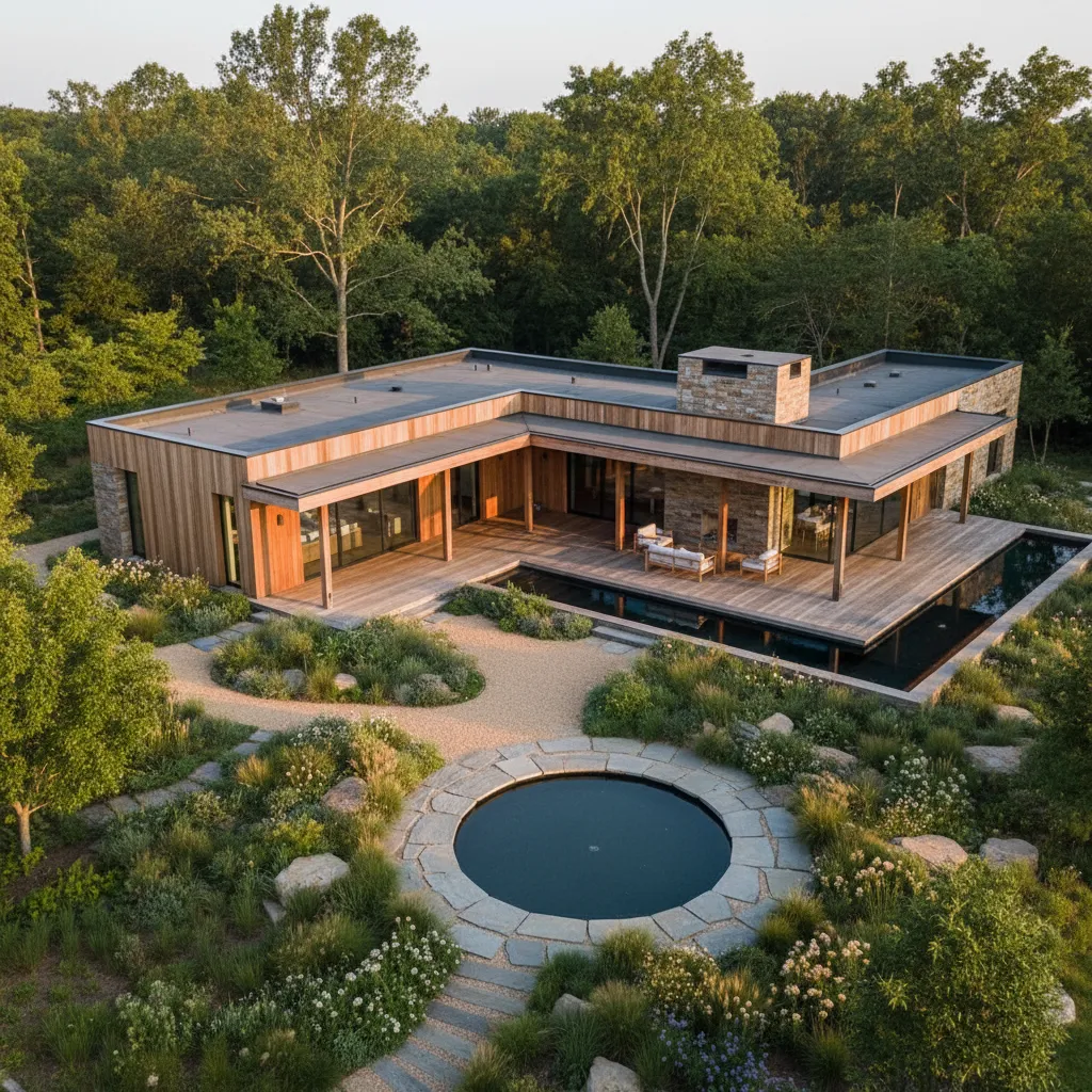 Modern wooden house with flat roof stone chimney large deck swimming pool and round pond