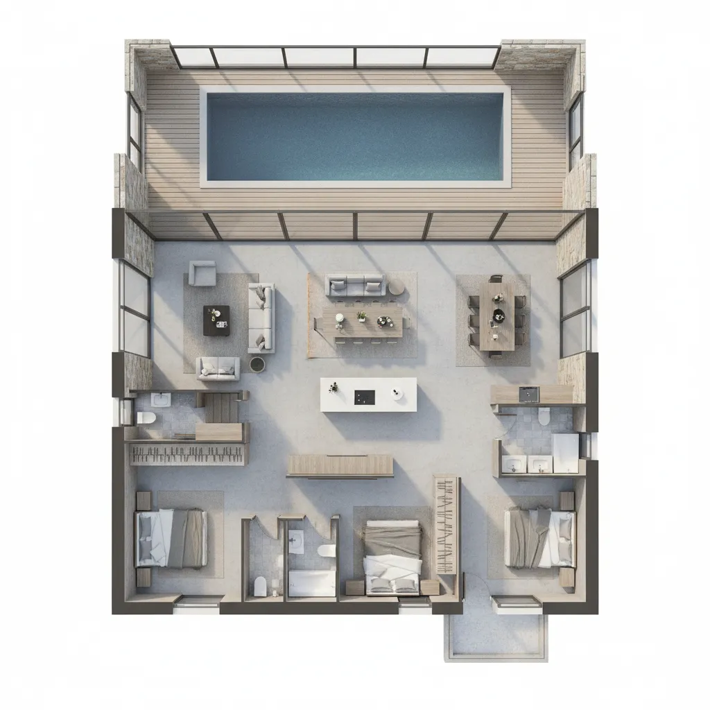 Plano de casa en forma de L con tres recámaras