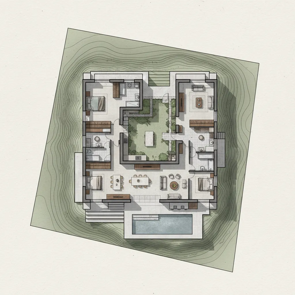 Interior design drawing showing a house layout with bedrooms living area pool and garden courtyard