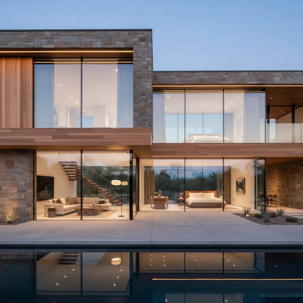 Modern two-story house with stone walls, large glass windows, warm interior lighting, and swimming pool