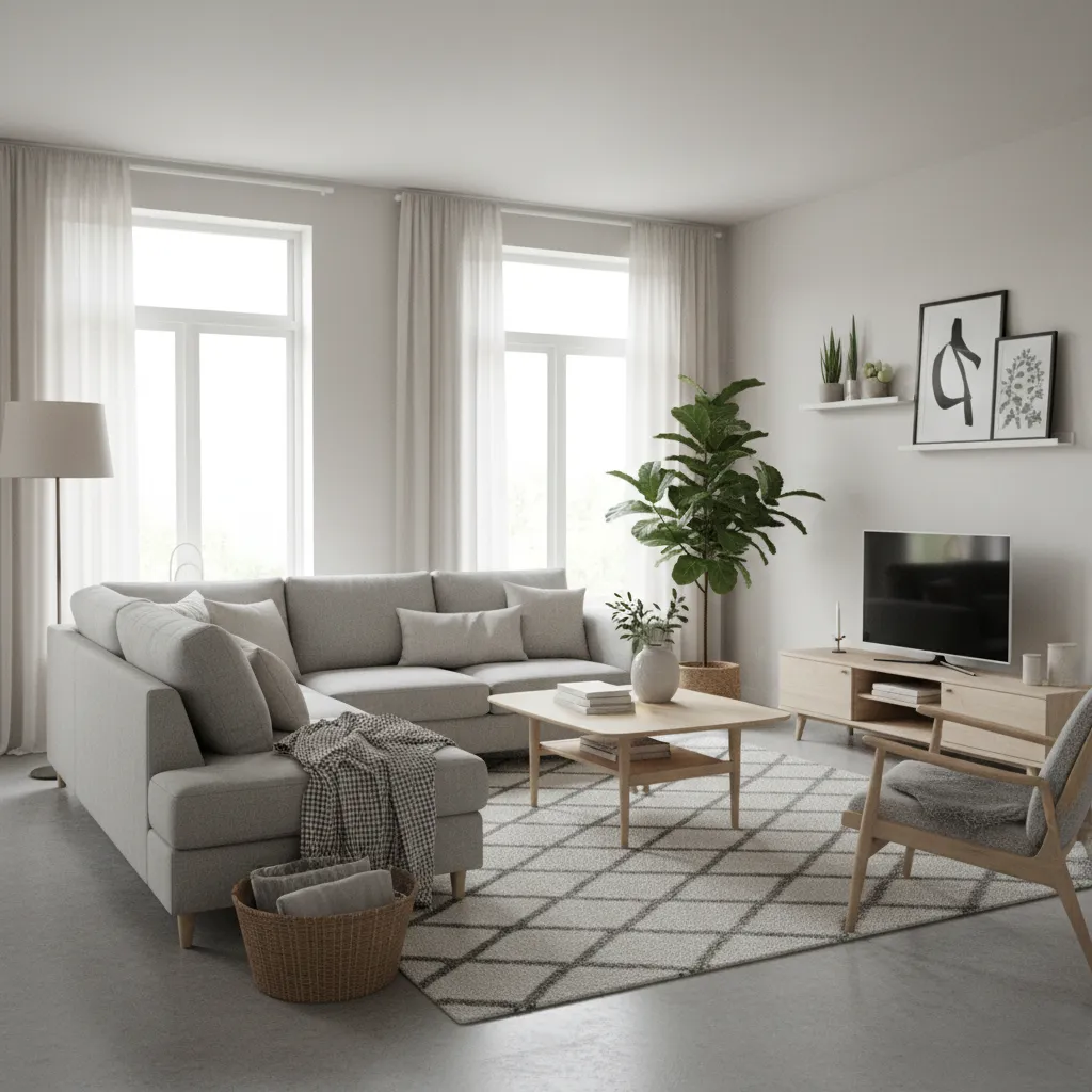 Modern living room with grey sofa wooden coffee table television stand plant and white curtains