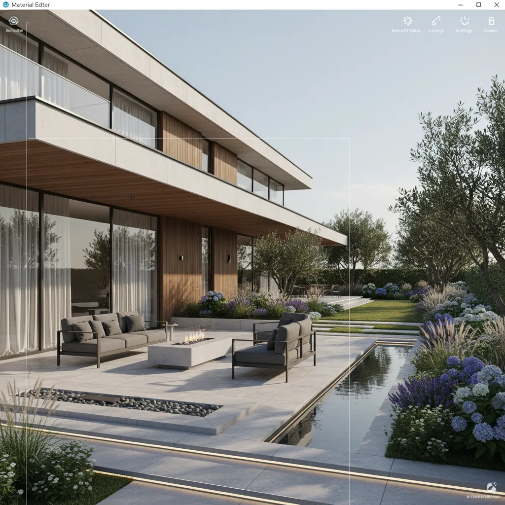Modern house patio design with grey sofas a fire pit and a narrow water pond