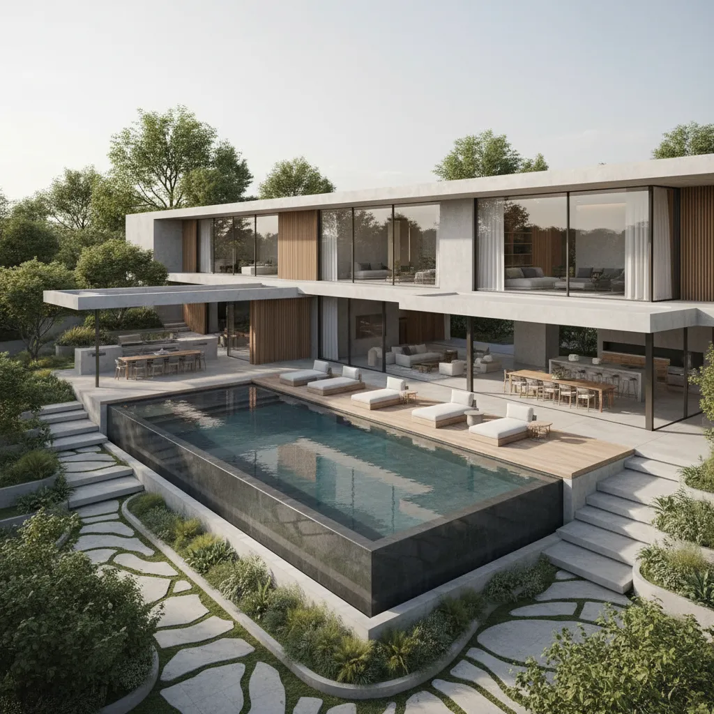 Modern two-story concrete house with swimming pool, outdoor dining table, and several white lounge chairs