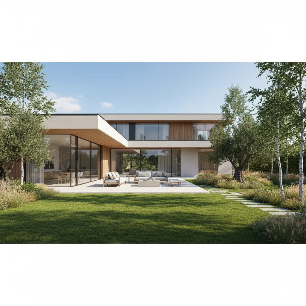 Modern white house with large glass windows green grass lawn outdoor sofa seating and garden trees
