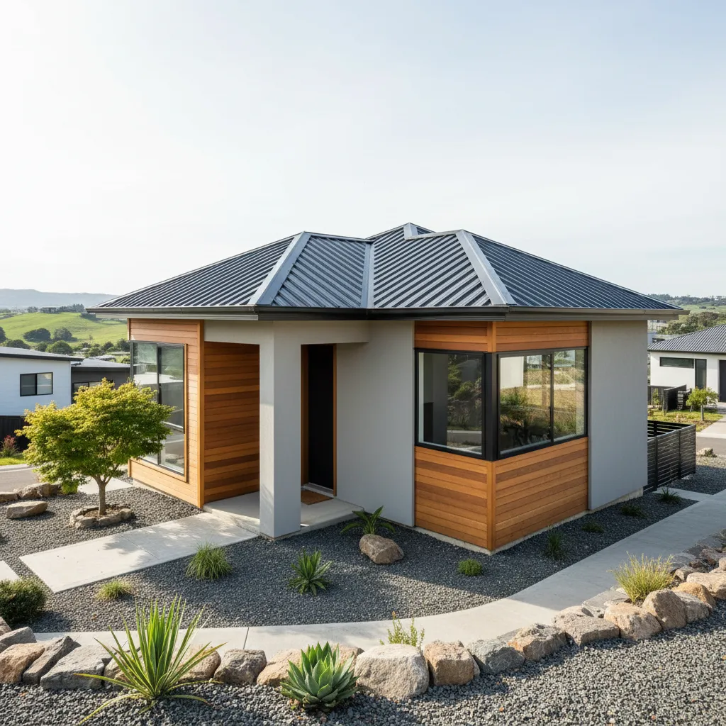 Diseño de casa pequeña con techo de lámina y estilo contemporáneo