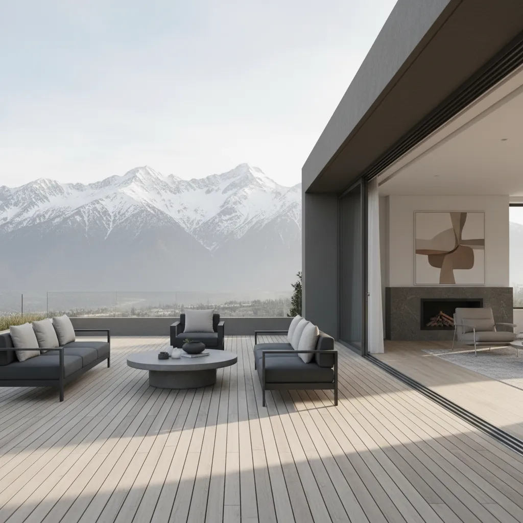 Terraza moderna conectada con el interior de una casa de lujo en Santiago