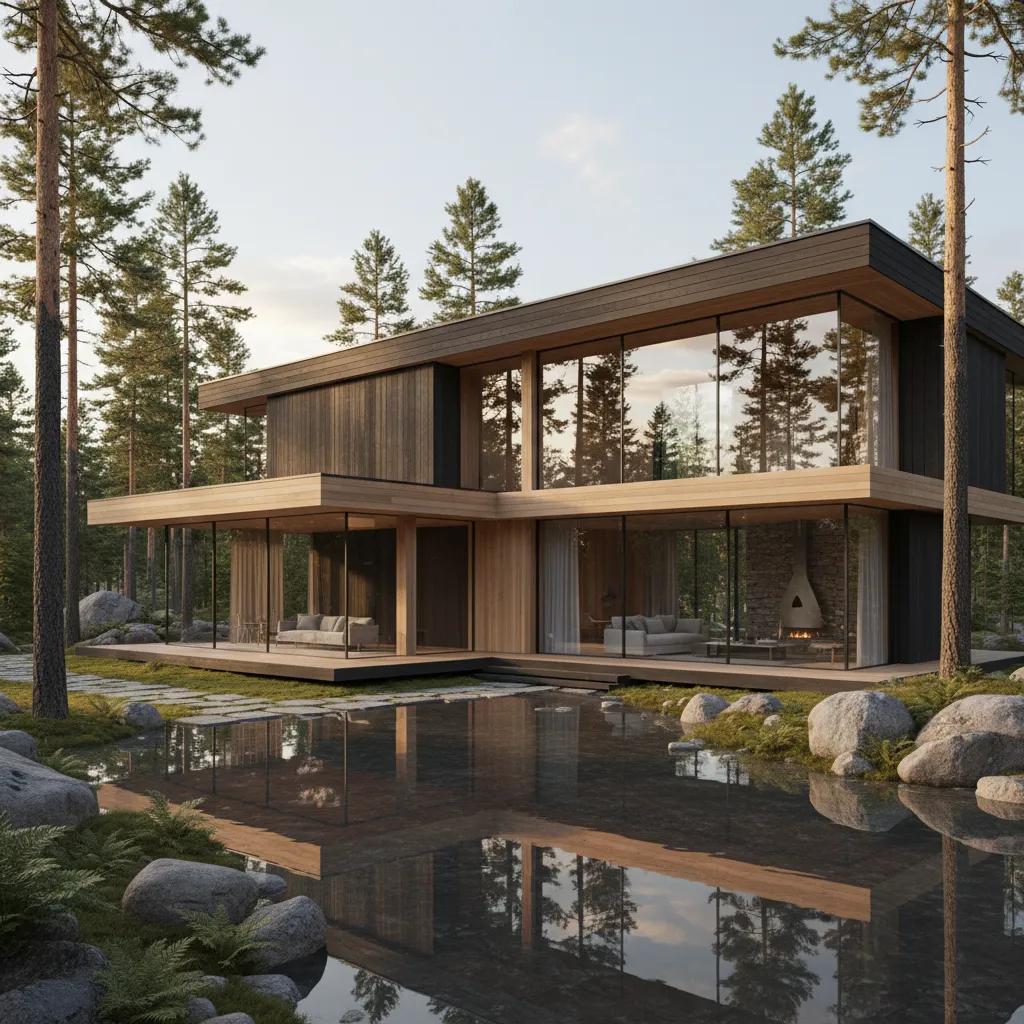 Diseño arquitectónico de una casa de madera moderna en entorno natural