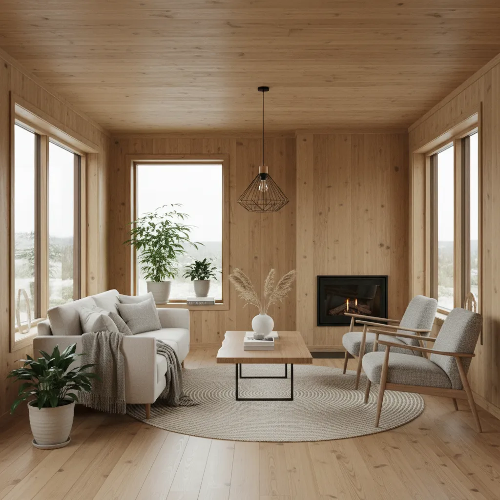 Wood paneled living room with white sofa grey chairs round rug fireplace and green plants