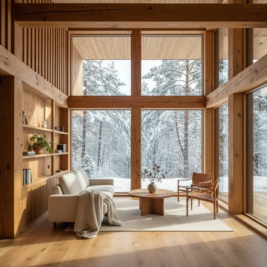 Interior de casa de madera con grandes ventanas y luz natural