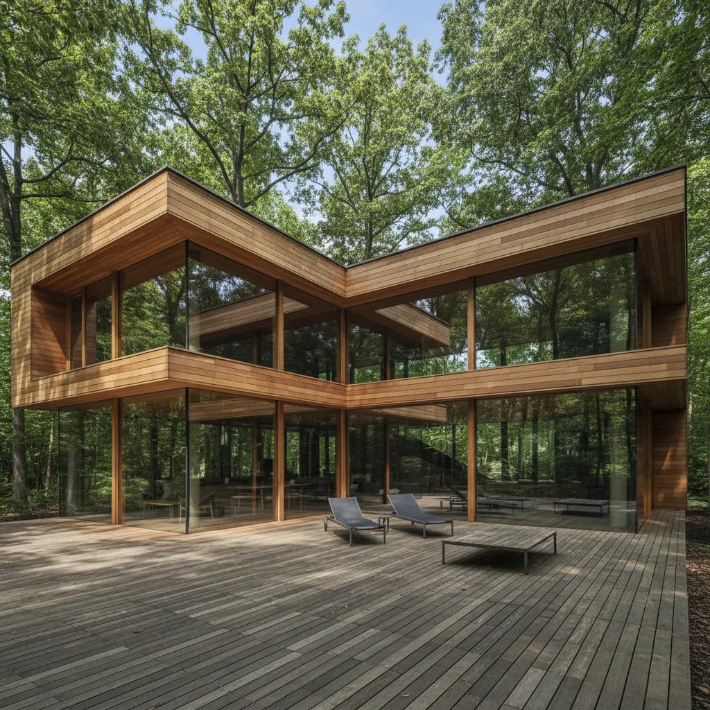 Casa de madera moderna con terraza y grandes ventanales