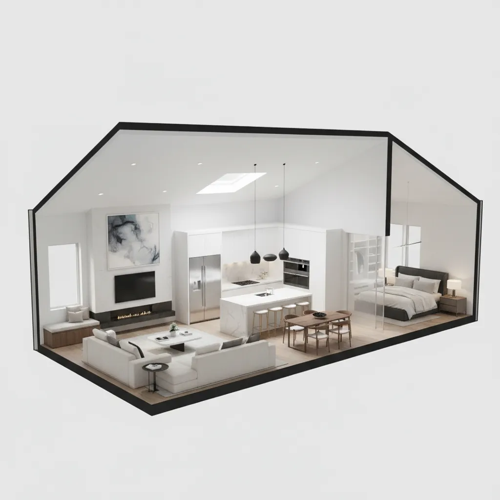 Modelo 3D de una vivienda mostrando habitaciones y mobiliario