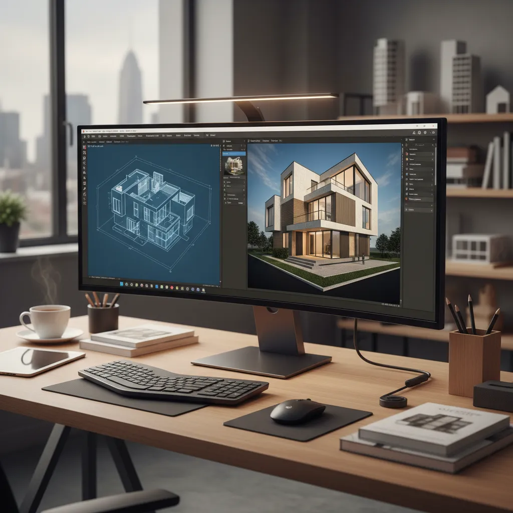 Modelo 3D de una vivienda moderna mostrado en pantalla de ordenador