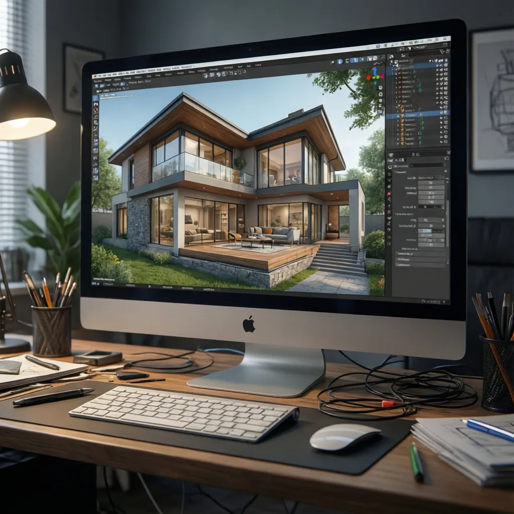 Desktop computer on office desk showing a modern luxury house interior design drawing with glass windows