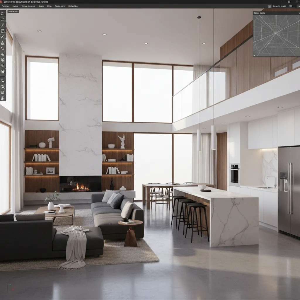 Modelo 3D de una casa moderna visto desde un software de diseño
