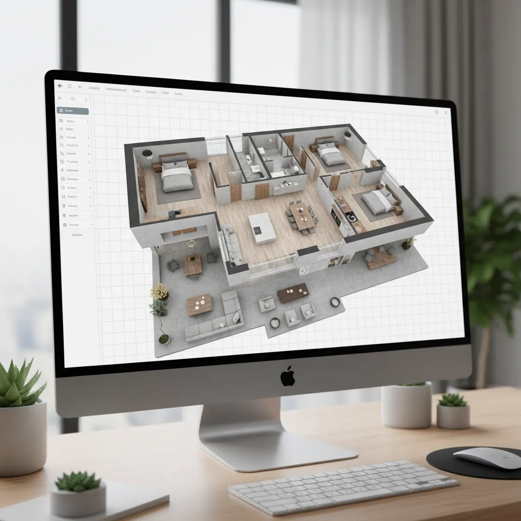 Modelo 3D de distribución de vivienda mostrado en pantalla de ordenador