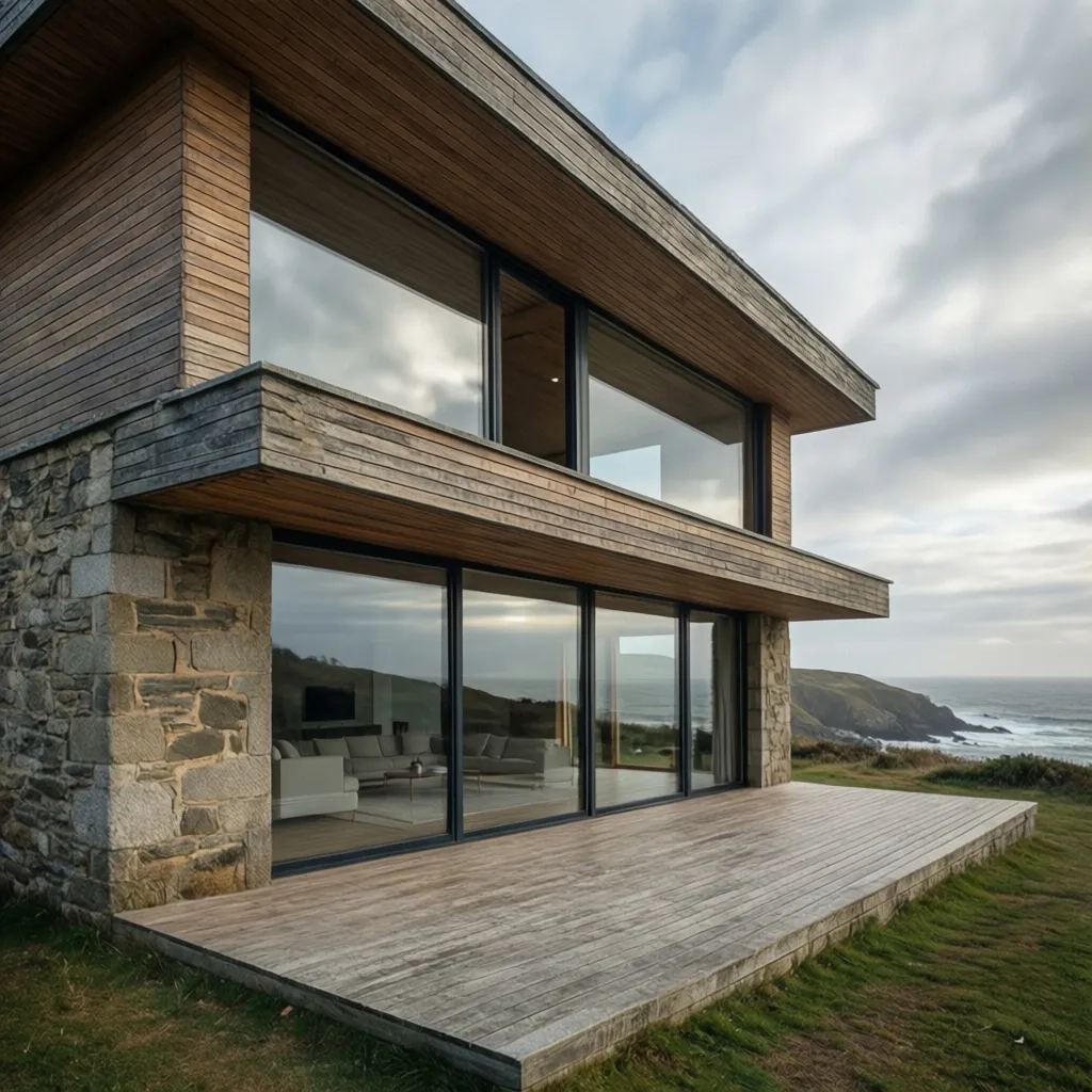 Exterior de una casa moderna con piedra y grandes ventanales en Galicia