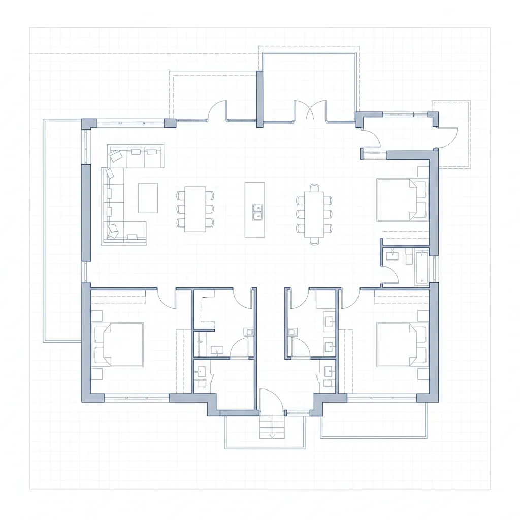 Plano de casa moderna con espacios abiertos