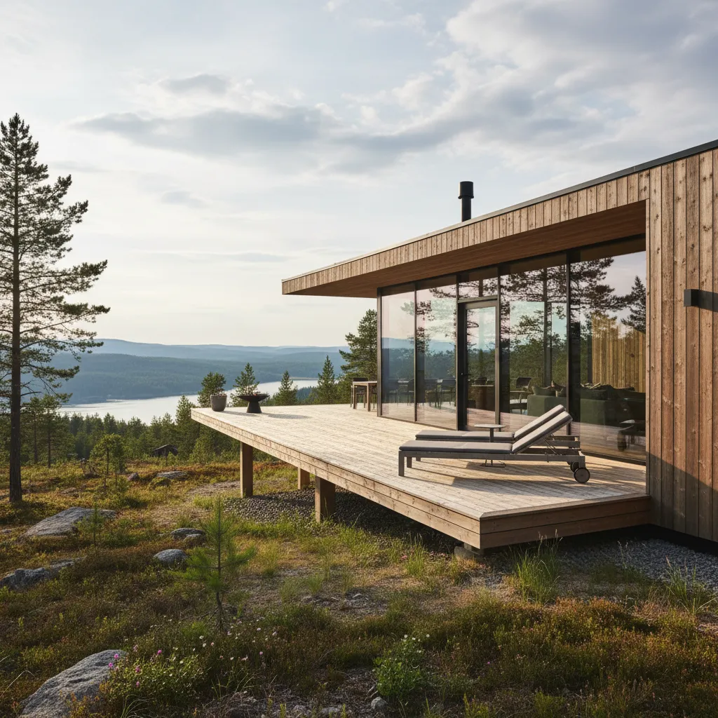 Modern wooden house with a large deck and chairs overlooking a scenic lake and forest