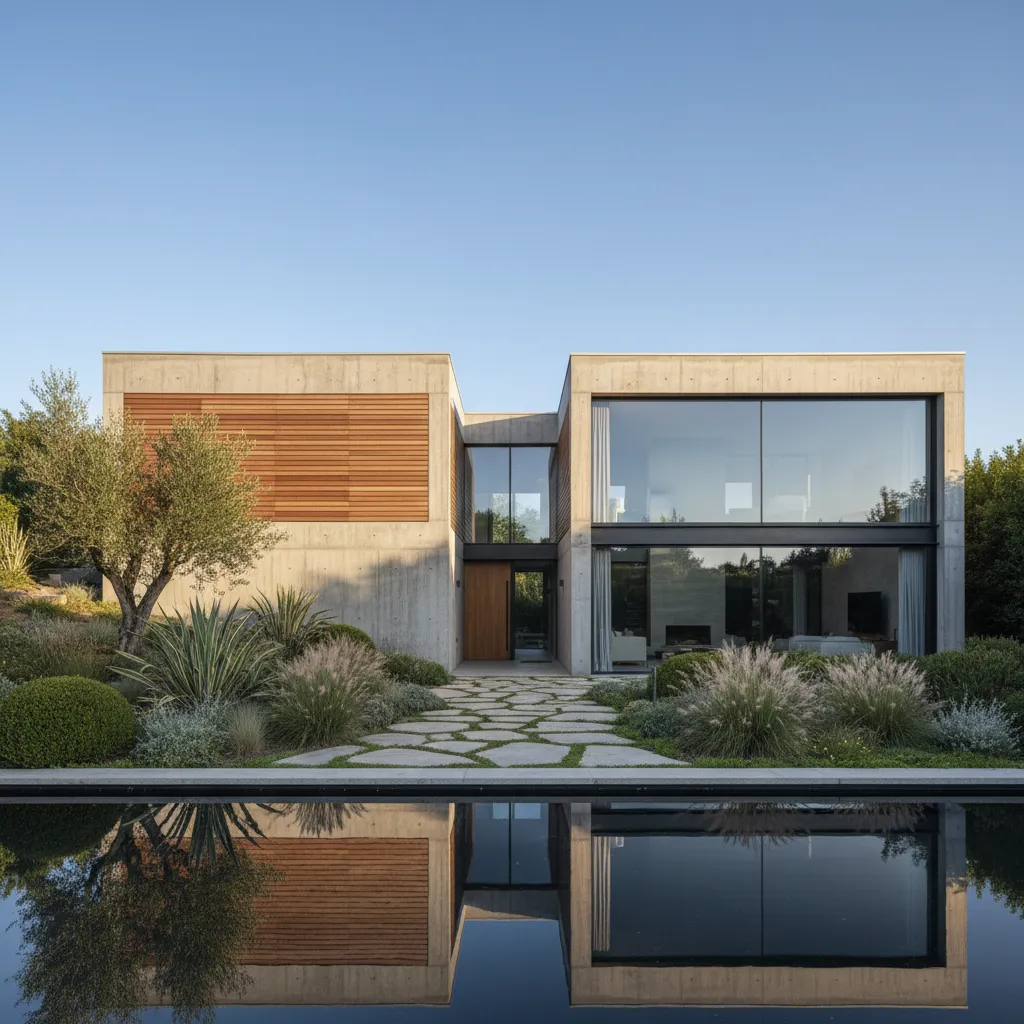 Casa modular moderna en forma de L con hormigón y grandes ventanales