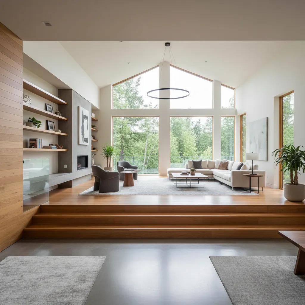 Modern living room with wooden steps, white sofa, large windows, fireplace, and round ceiling light