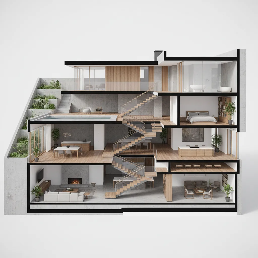 Interior design drawing showing a cross section of a multi level modern house with stairs