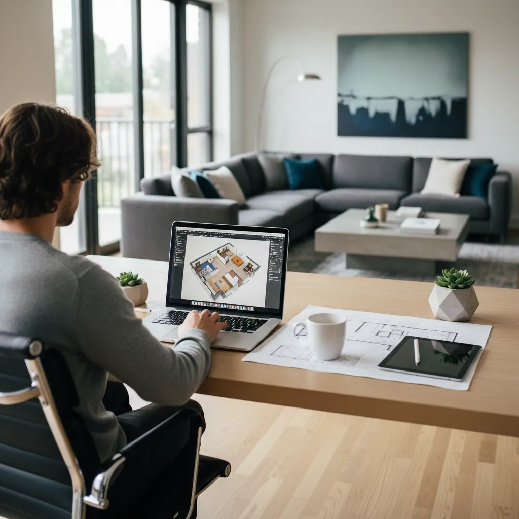 Man using a laptop to create detailed interior design drawings at a wooden office desk