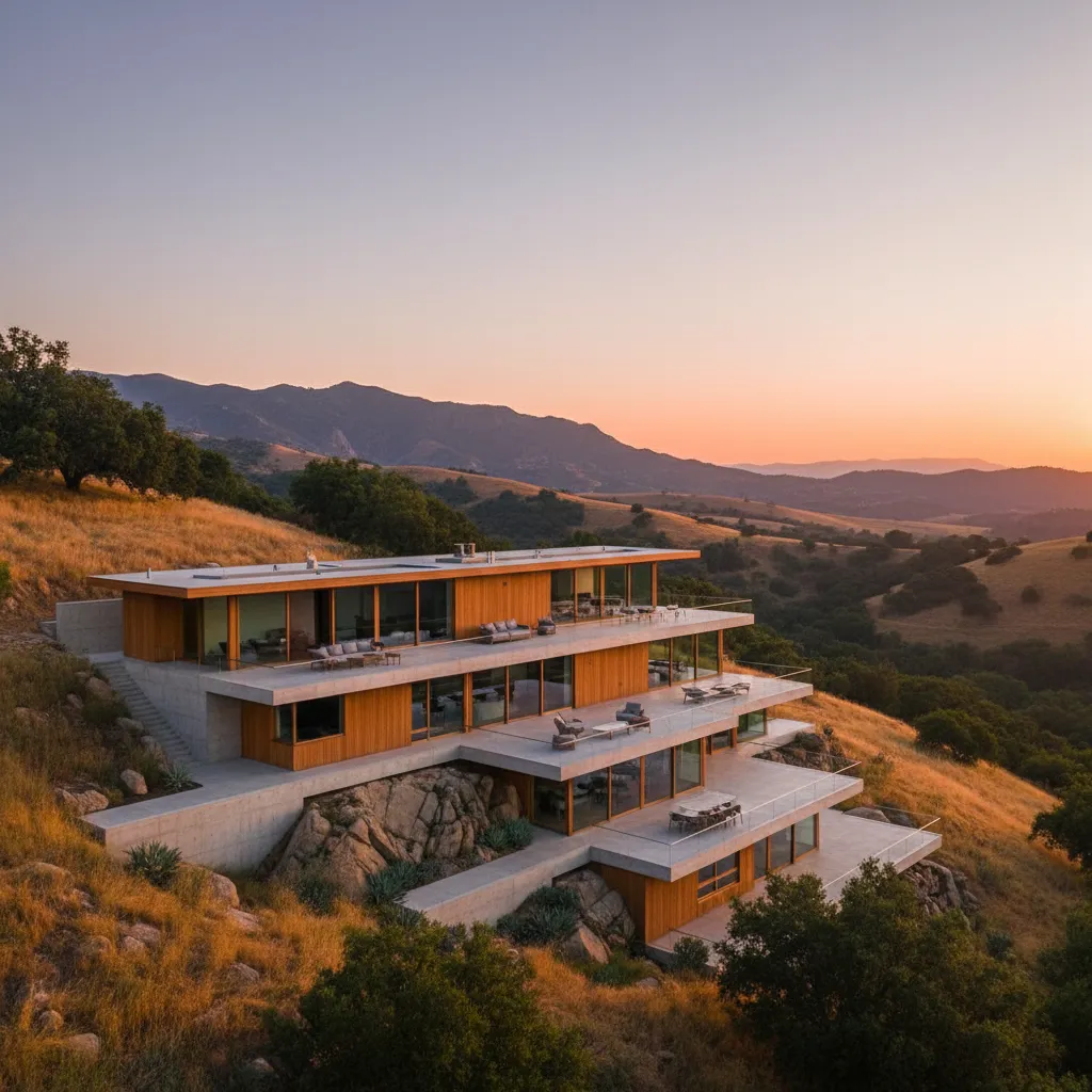 Modern multi-level house built on a grassy hillside with wooden walls and large glass windows