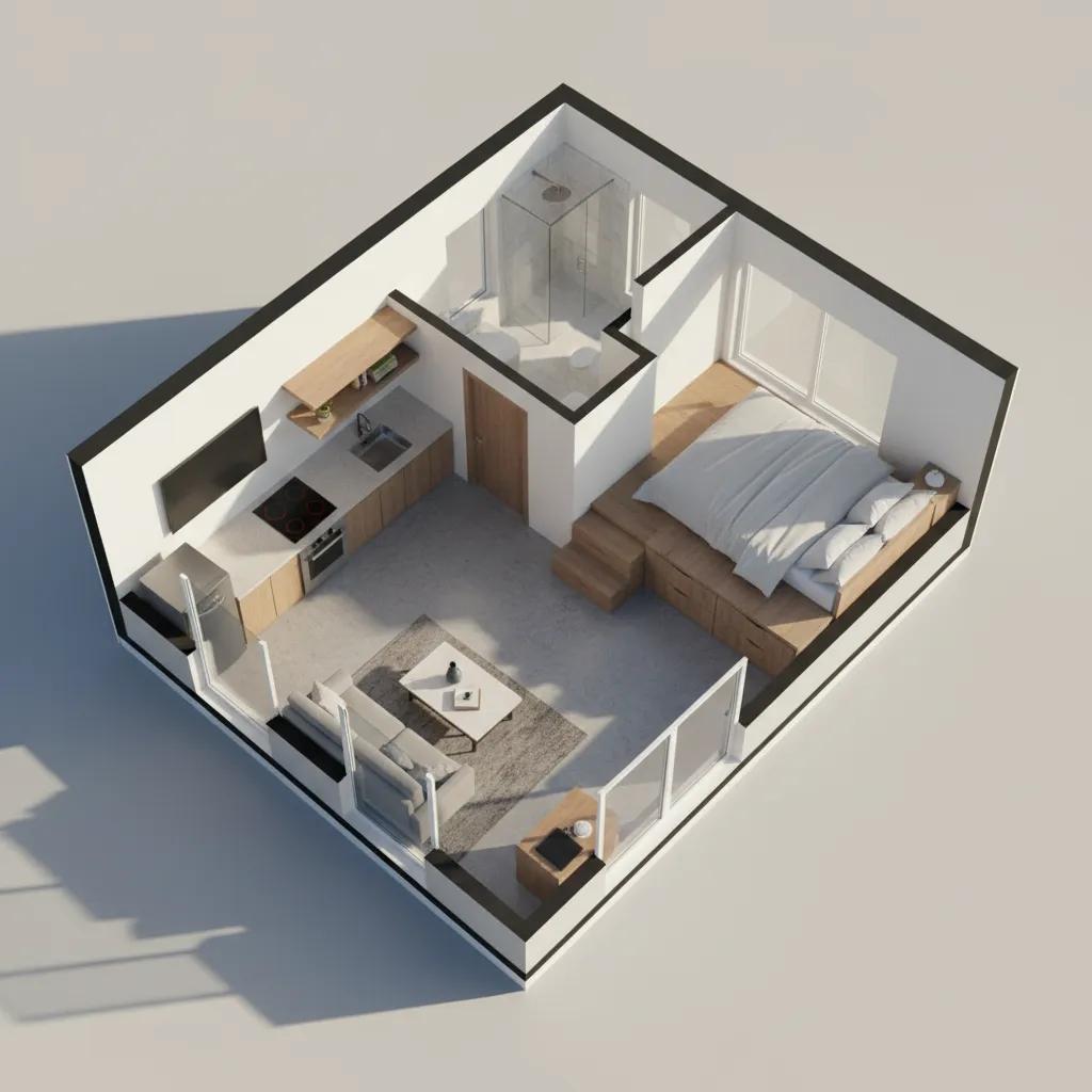 3D interior design drawing of small studio apartment featuring elevated bed kitchen and compact bathroom