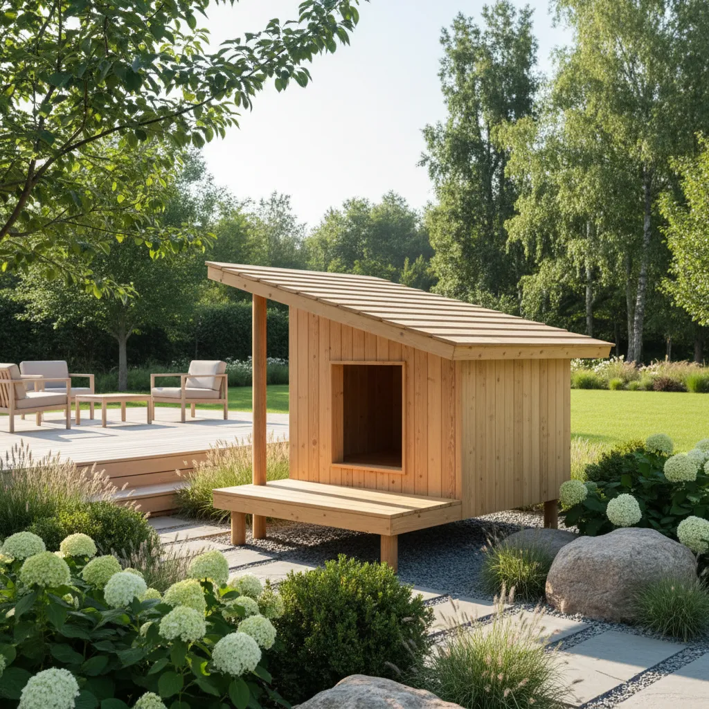 Modern wooden dog house with sloped roof in garden with green grass and white flowers