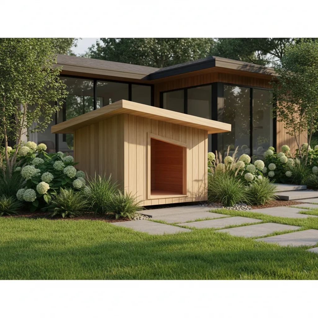 Interior design drawing of modern wood dog house in garden with white flowers and lawn
