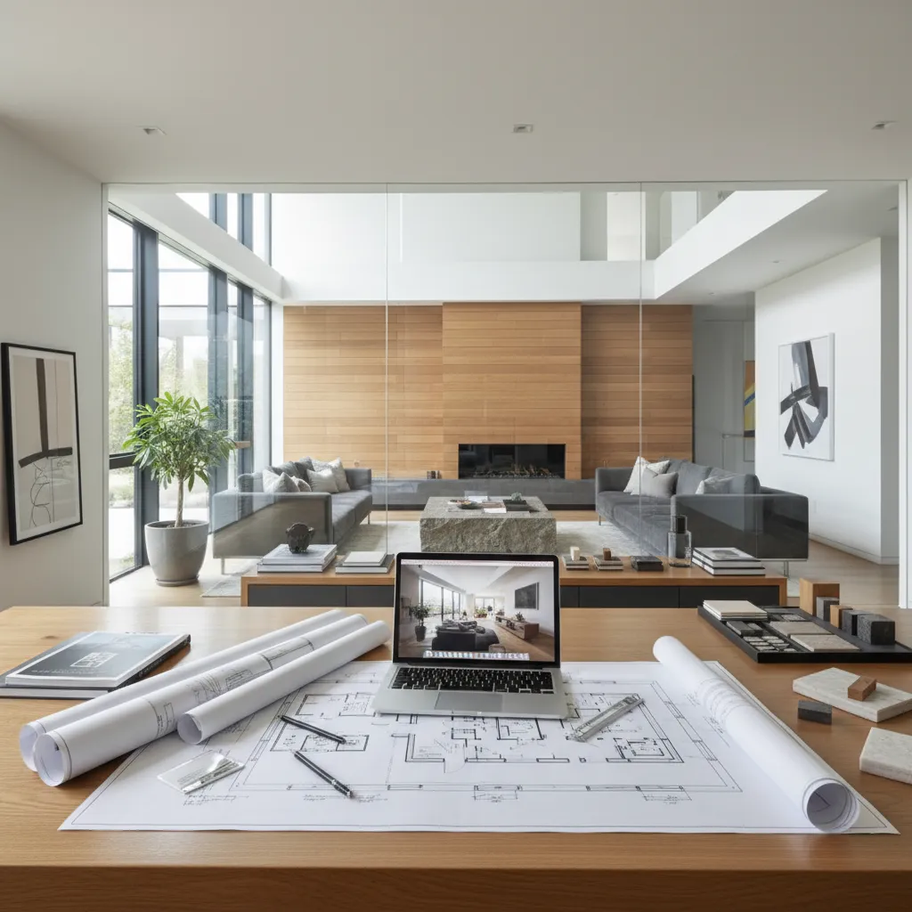 Desk with interior design drawing and laptop overlooking a modern living room with grey sofas