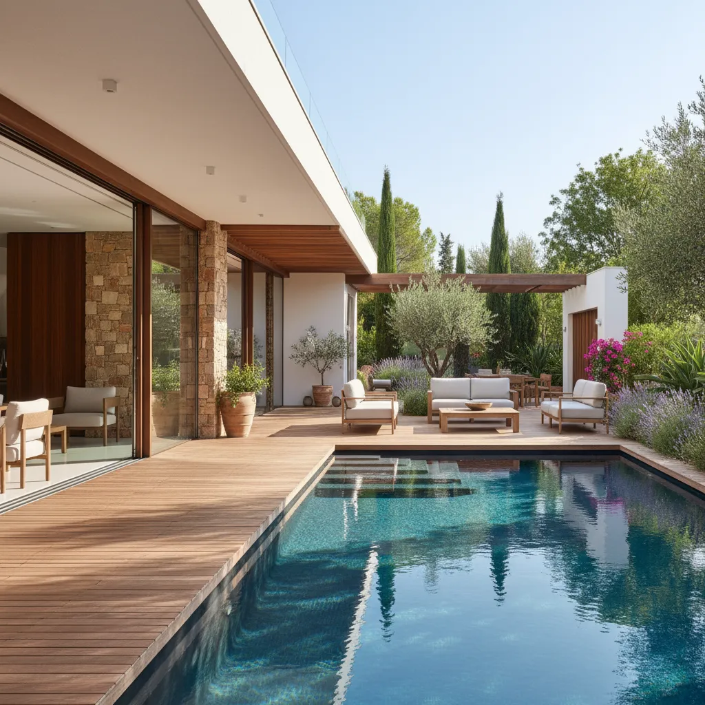 Casa contemporánea con terraza abierta conectada al jardín y piscina