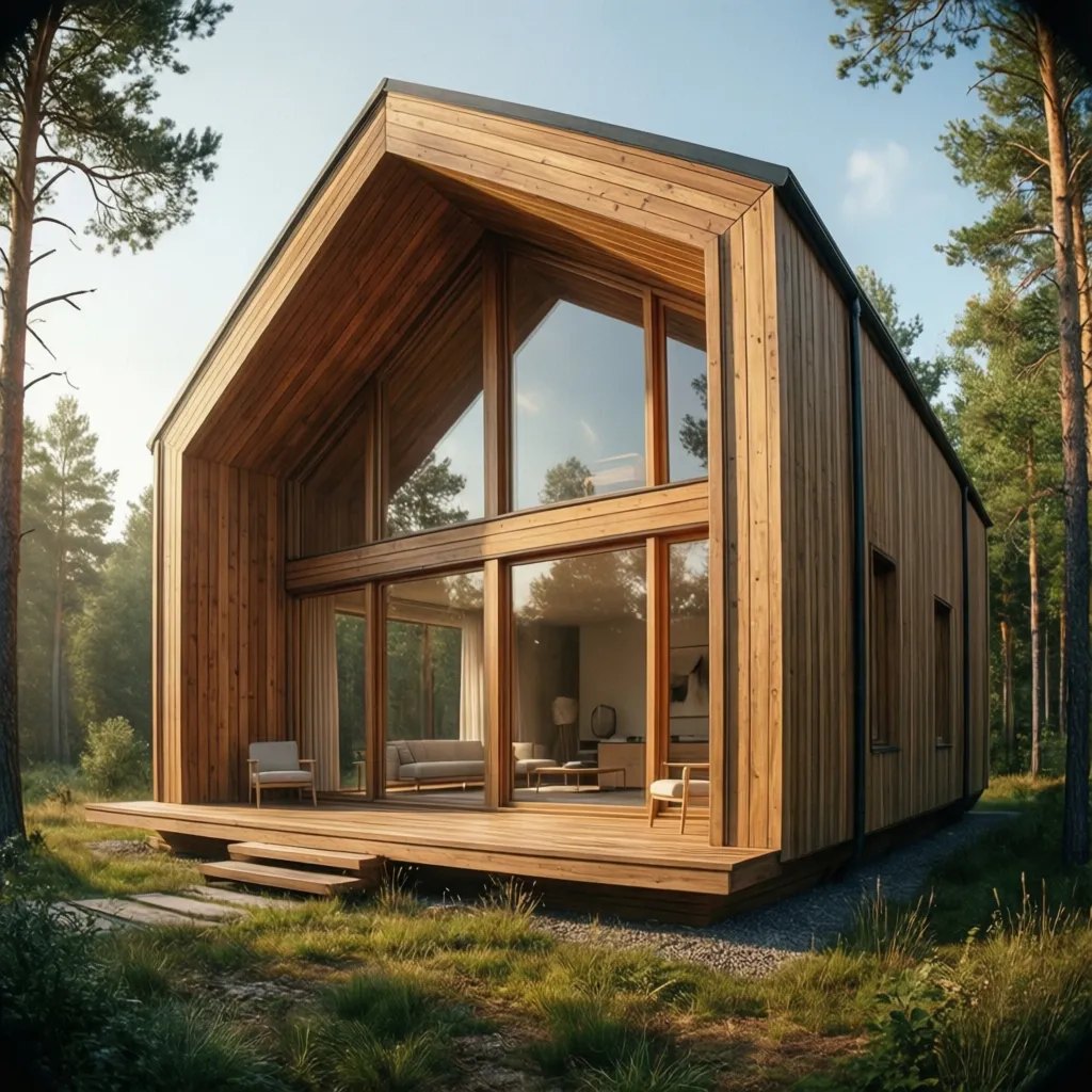 Modern wooden cabin with large glass windows and front deck nestled in a green forest setting
