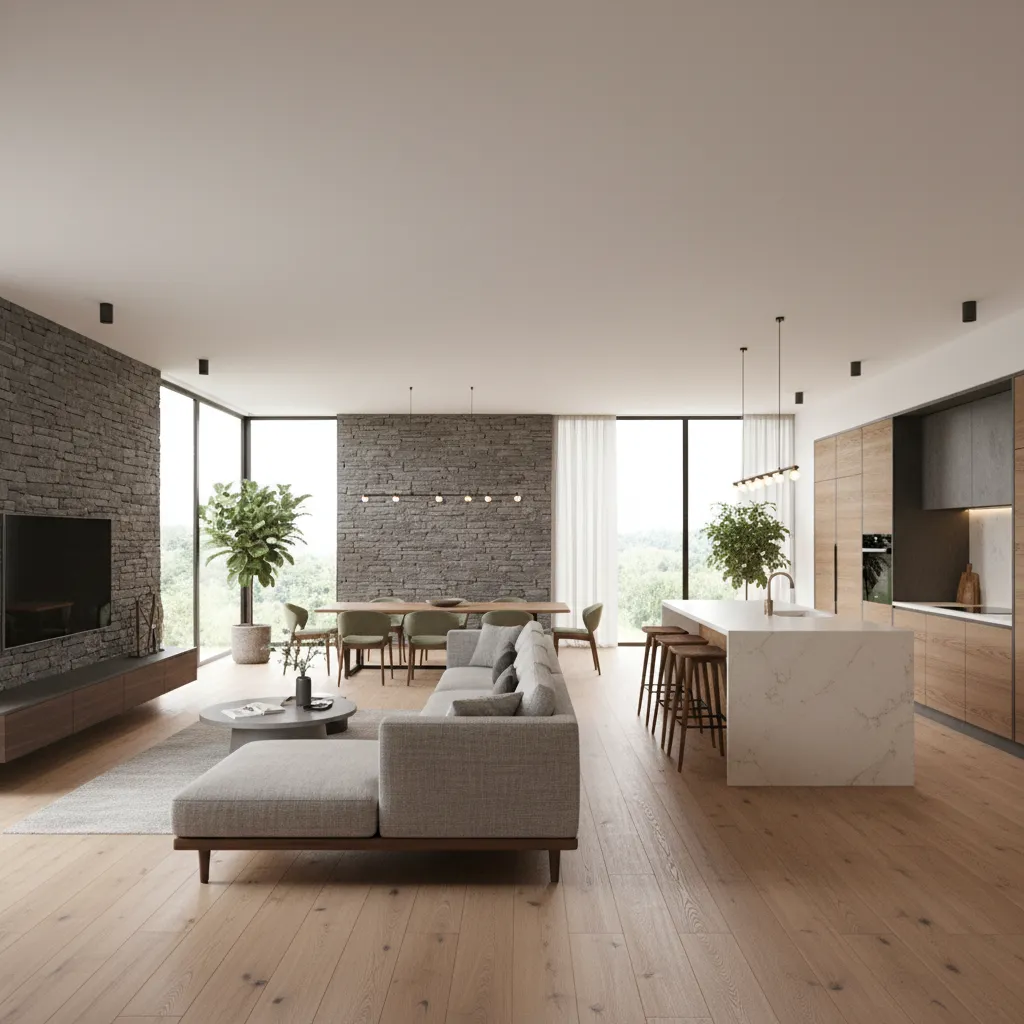 Modern living room with grey sofa stone wall wooden floor and white kitchen island design