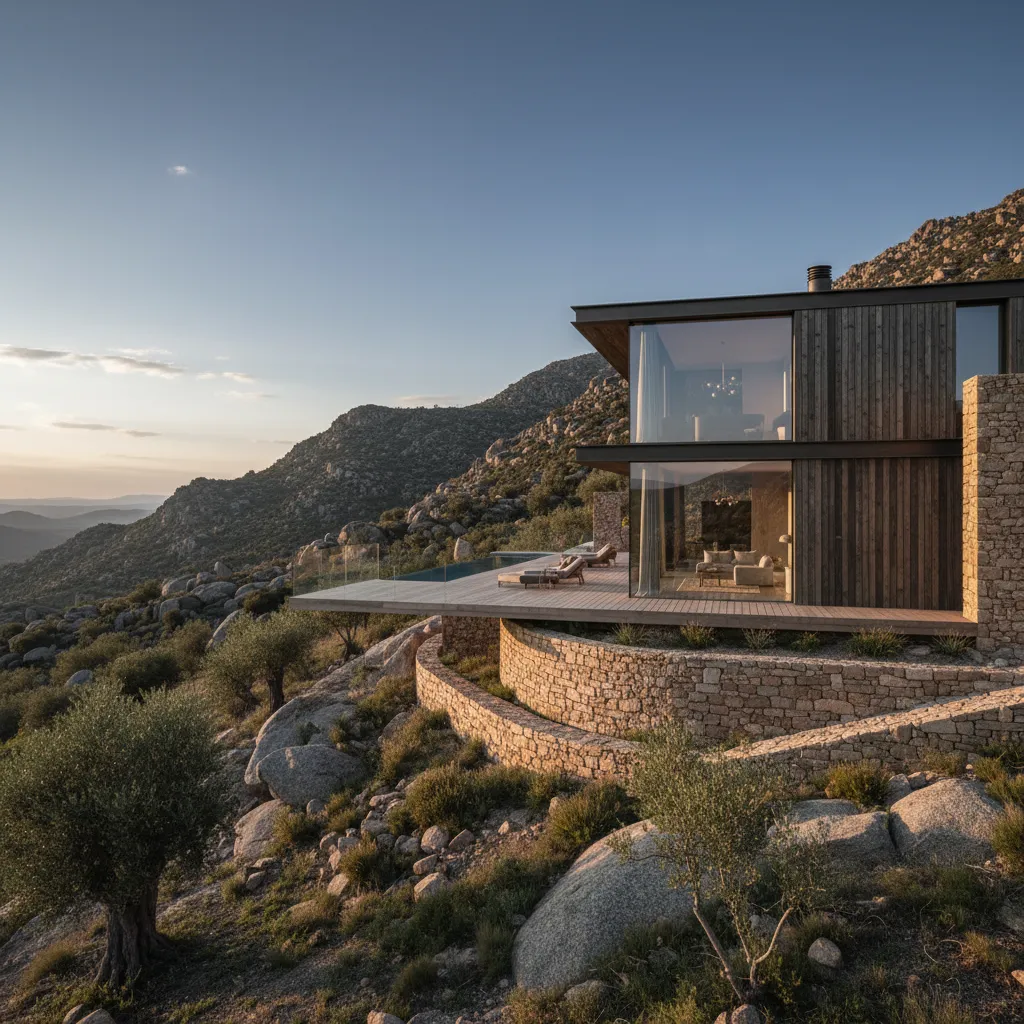 Modern glass house with stone walls built on a rocky mountain side at golden hour