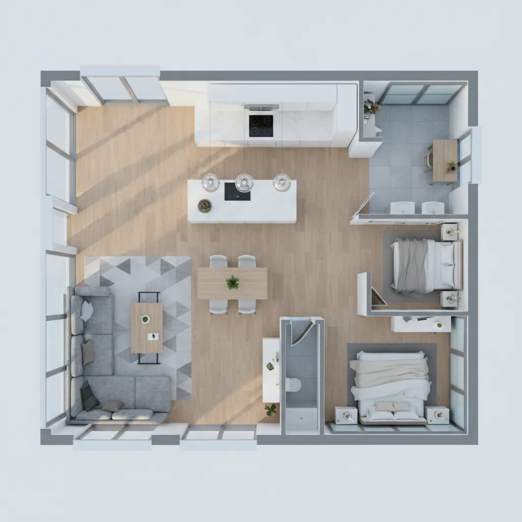 Diseño de una casa en un simulador 3D con plano y habitaciones visibles