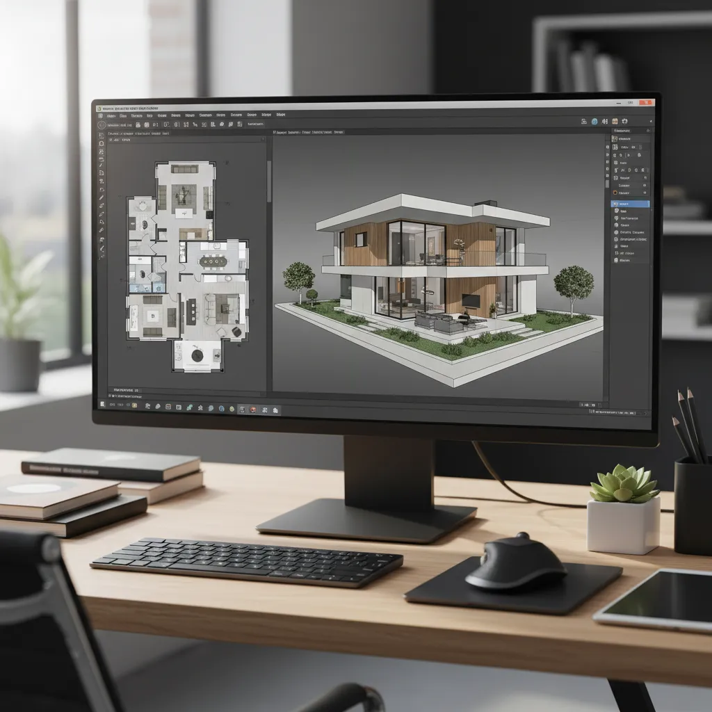 Coohom floor plan editor showing a house design with a modern layout and wooden furniture