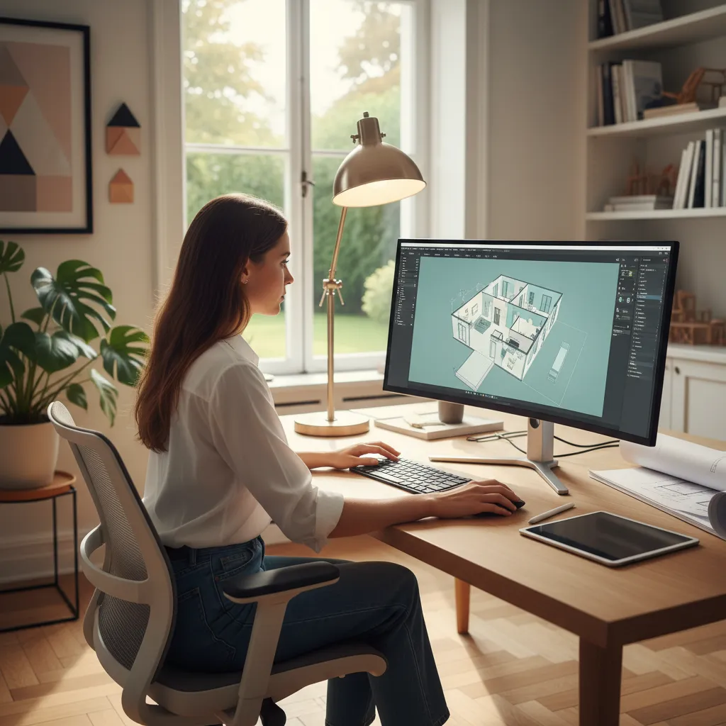Diseñador trabajando en software de planificación de casas en 3D