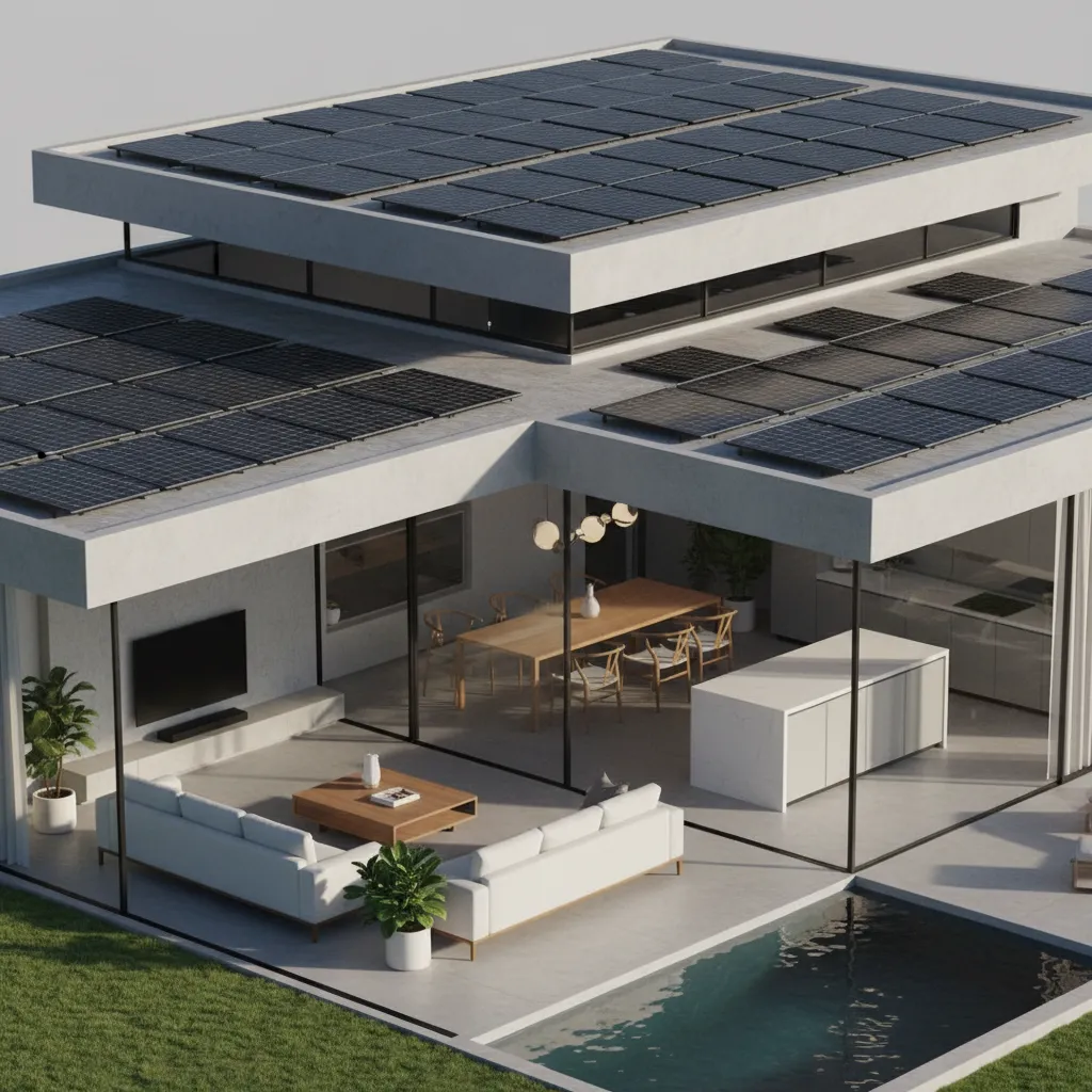 Visualización 3D de una casa moderna con paneles solares