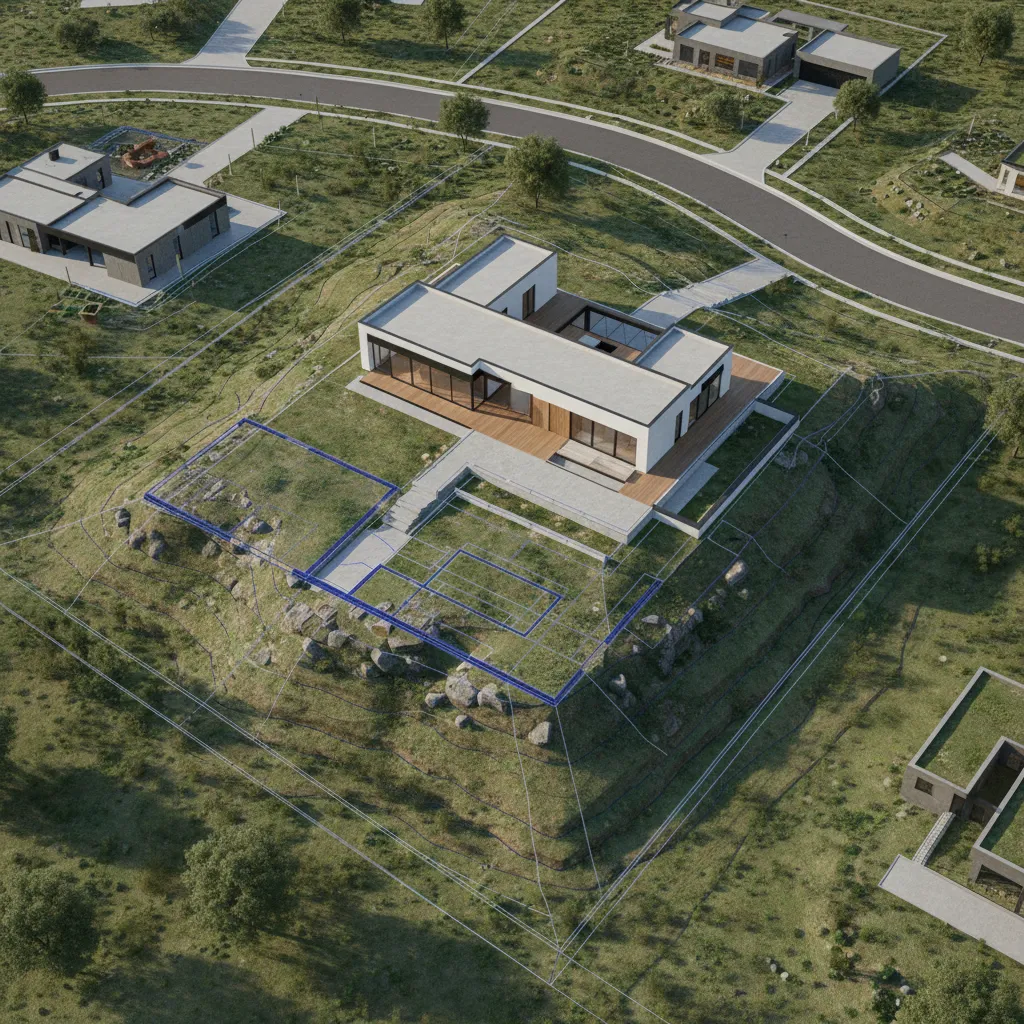 Aerial view of a modern house on a hill with blue lines showing property layout