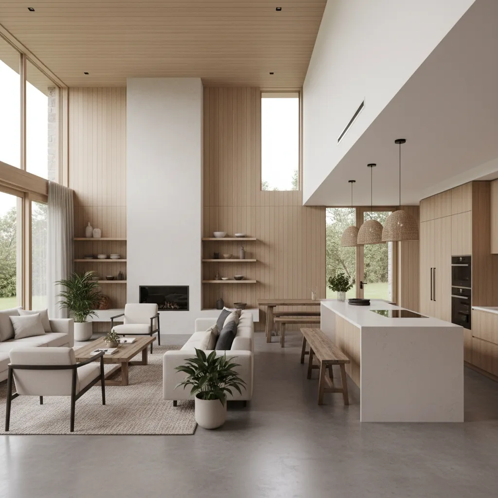 Modern living room with tall white fireplace, wood wall panels, sofa, armchairs, and kitchen island