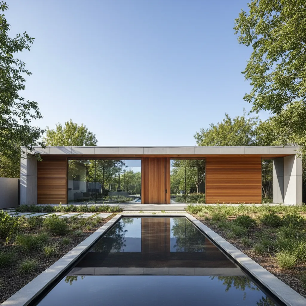 Modern house with wood panels and large windows reflecting green trees over a rectangular pond