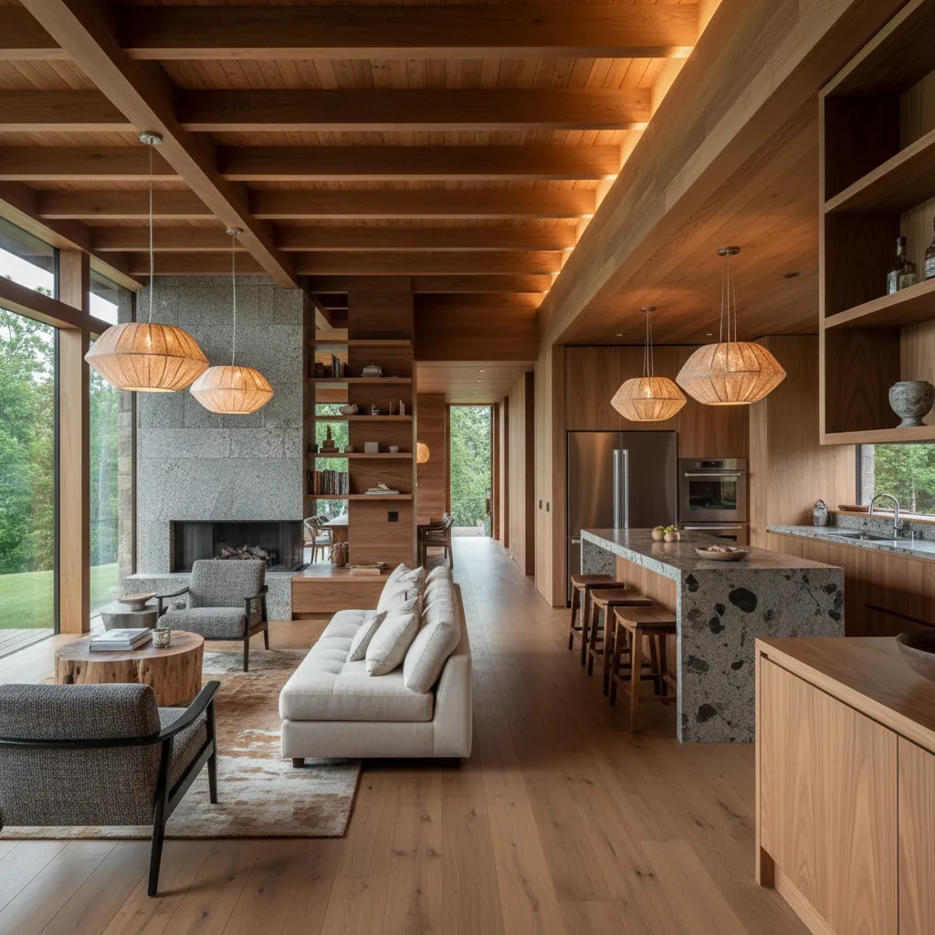 Open plan house interior with wood ceiling, kitchen island, white sofa, stone fireplace, and windows