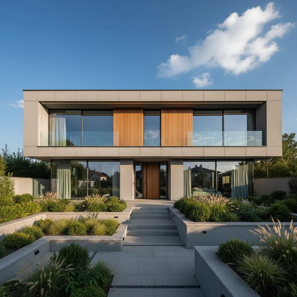 Modern two story house with grey walls wood accents glass balconies and a landscaped garden